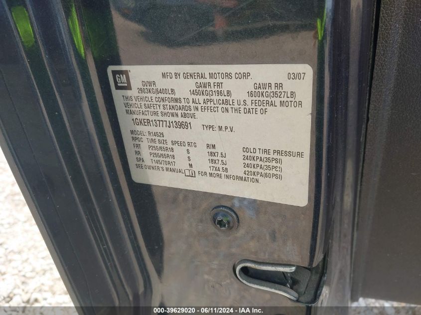 2007 GMC Acadia Sle-1 VIN: 1GKER13777J139691 Lot: 39629020