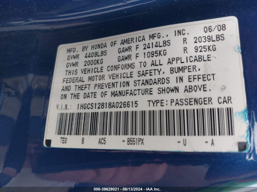 1HGCS12818A026615 | 2008 HONDA ACCORD