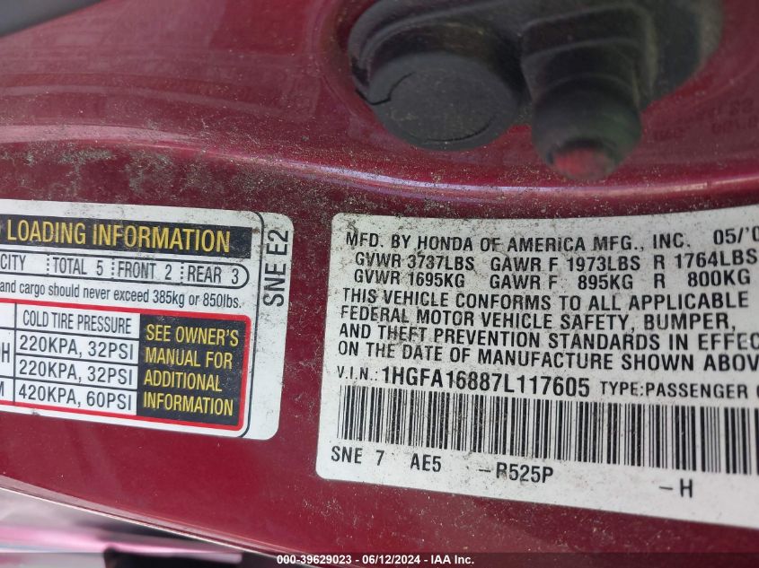 2007 Honda Civic Ex VIN: 1HGFA16887L117605 Lot: 39629023