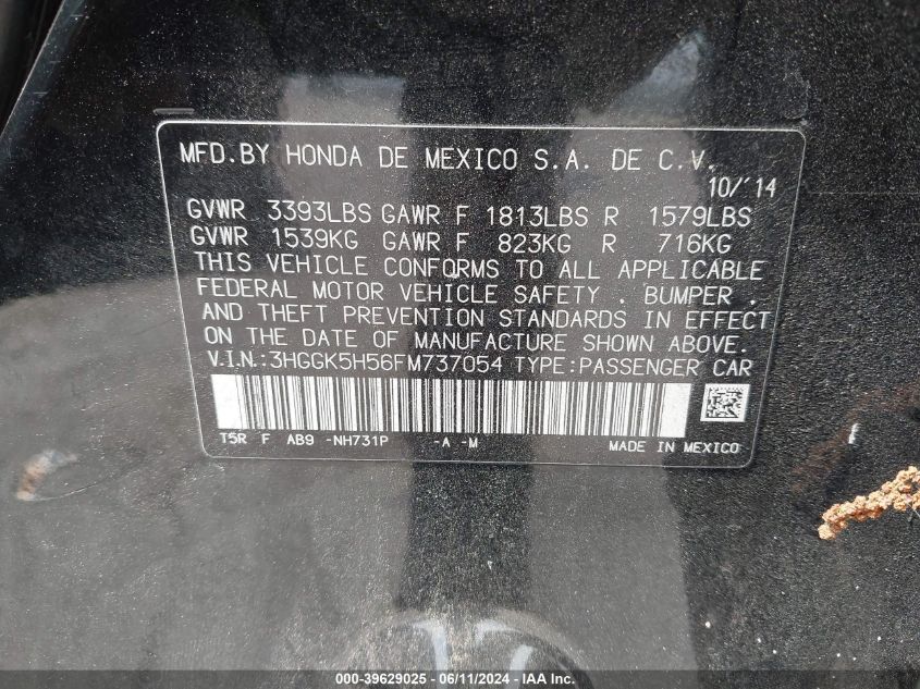 2015 Honda Fit Lx VIN: 3HGGK5H56FM737054 Lot: 39629025