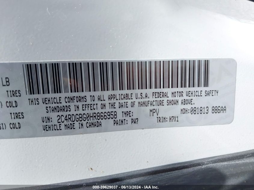 2017 Dodge Grand Caravan Se VIN: 2C4RDGBG0HR866958 Lot: 39629037