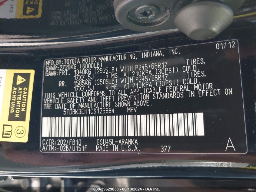 2012 Toyota Highlander Base V6 VIN: 5TDBK3EH1CS125884 Lot: 39629038