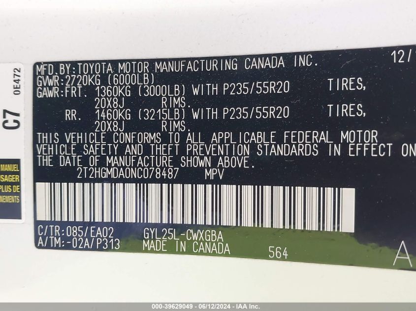 2022 Lexus Rx 450H VIN: 2T2HGMDA0NC078487 Lot: 39629049