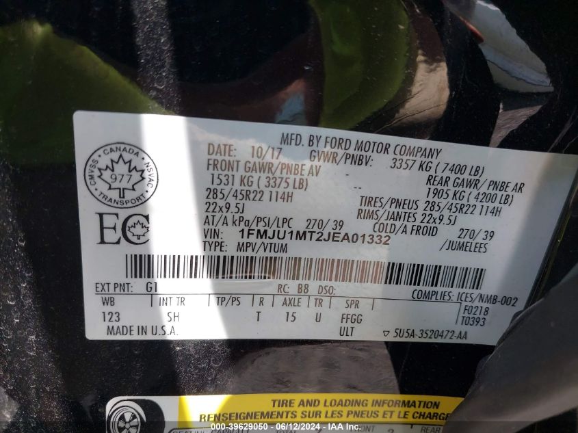 2018 Ford Expedition Platinum VIN: 1FMJU1MT2JEA01332 Lot: 39629050