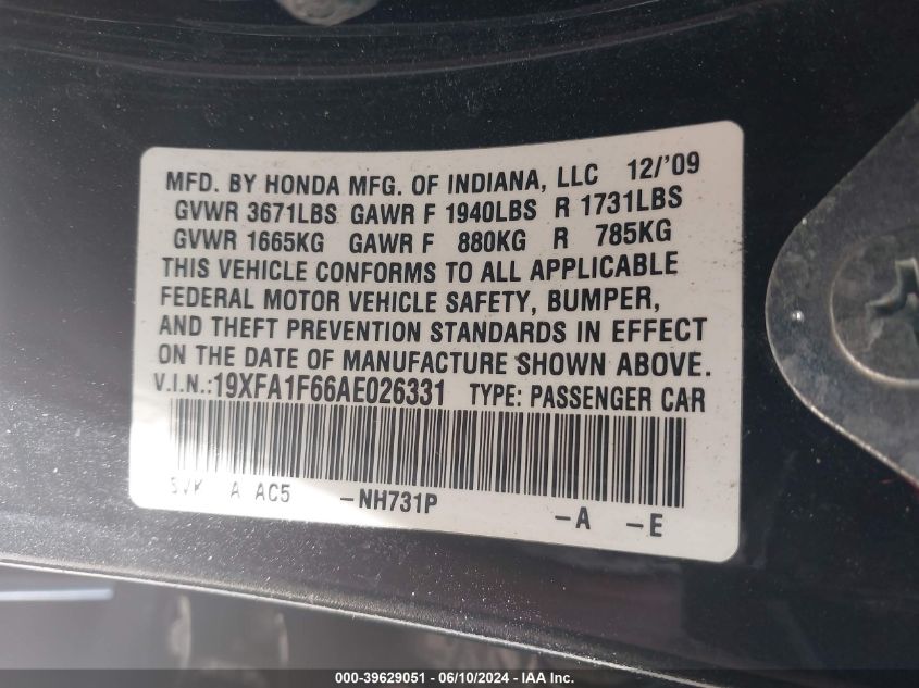 2010 Honda Civic Sdn Lx-S VIN: 19XFA1F66AE026331 Lot: 39629051