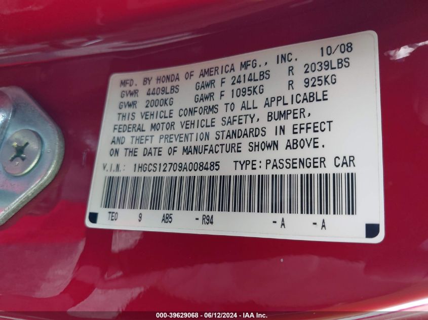 2009 Honda Accord 2.4 Ex VIN: 1HGCS12709A008485 Lot: 39629068