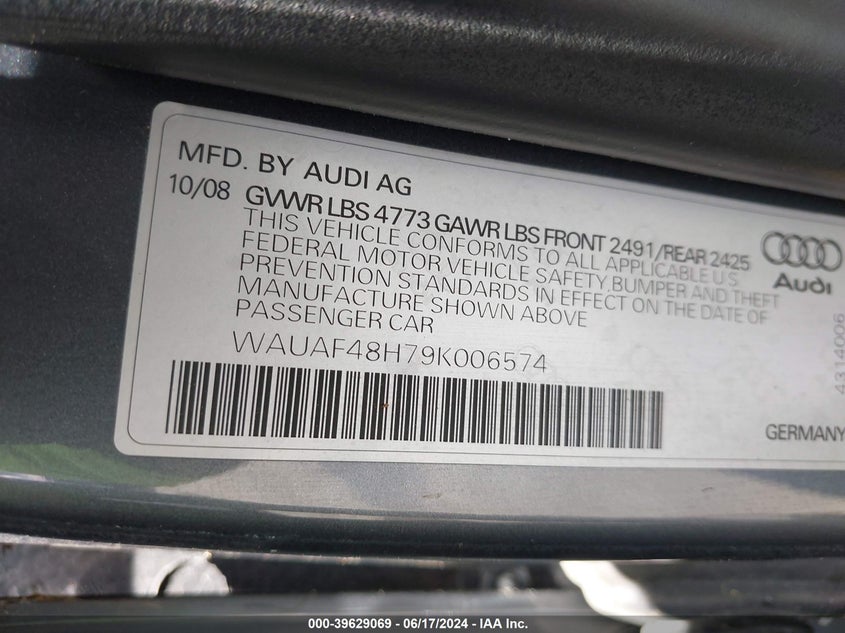 2009 Audi A4 2.0T Special Edition VIN: WAUAF48H79K006574 Lot: 39629069