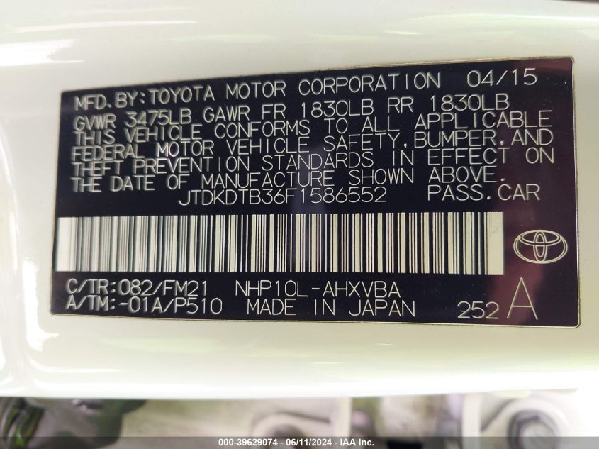 2015 Toyota Prius C Two VIN: JTDKDTB36F1586552 Lot: 39629074