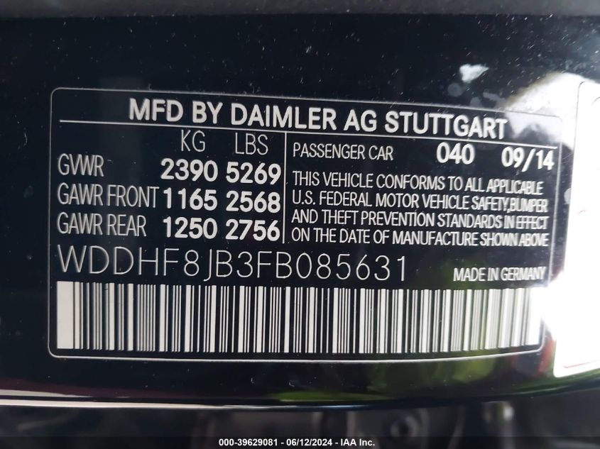 2015 Mercedes-Benz E 350 4Matic VIN: WDDHF8JB3FB085631 Lot: 39629081