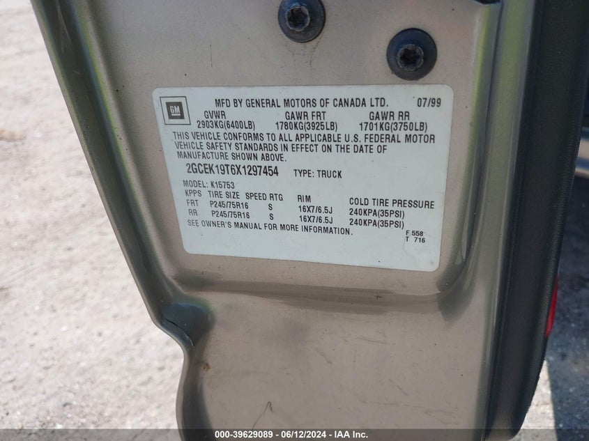 1999 Chevrolet Silverado 1500 Ls VIN: 2GCEK19T6X1297454 Lot: 39629089