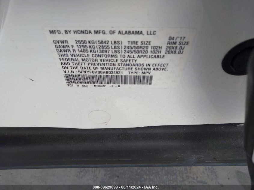 2017 Honda Pilot Elite VIN: 5FNYF6H06HB034921 Lot: 39629099