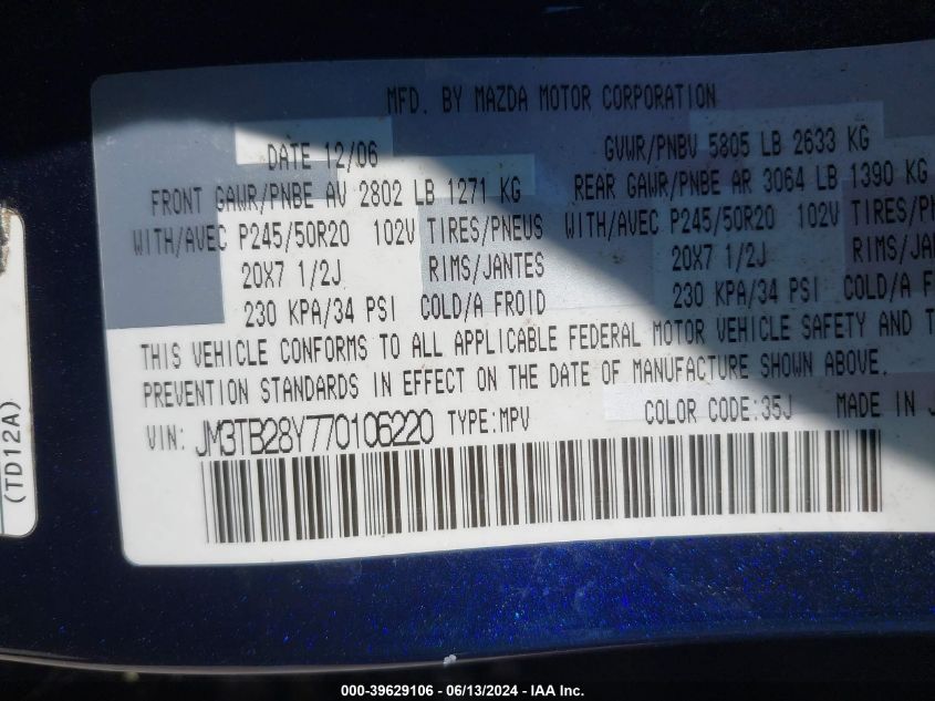 2007 Mazda Cx-9 Grand Touring VIN: JM3TB28Y770106220 Lot: 39629106