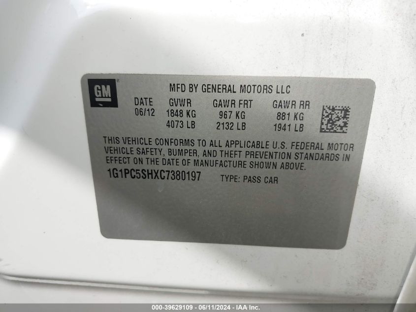 2012 Chevrolet Cruze Ls VIN: 1G1PC5SHXC7380197 Lot: 39629109