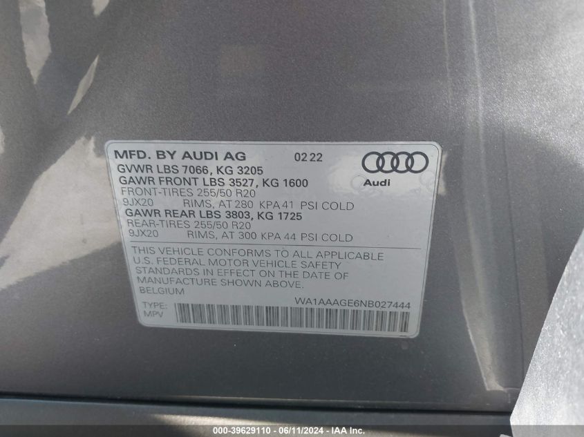 2022 Audi E-Tron Premium Quattro VIN: WA1AAAGE6NB027444 Lot: 39629110