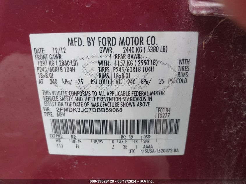 2013 Ford Edge Sel VIN: 2FMDK3JC7DBB59068 Lot: 39629120