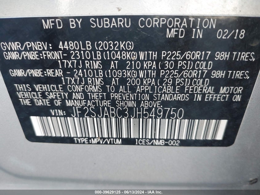 2018 Subaru Forester 2.5I VIN: JF2SJABC3JH549750 Lot: 39629125