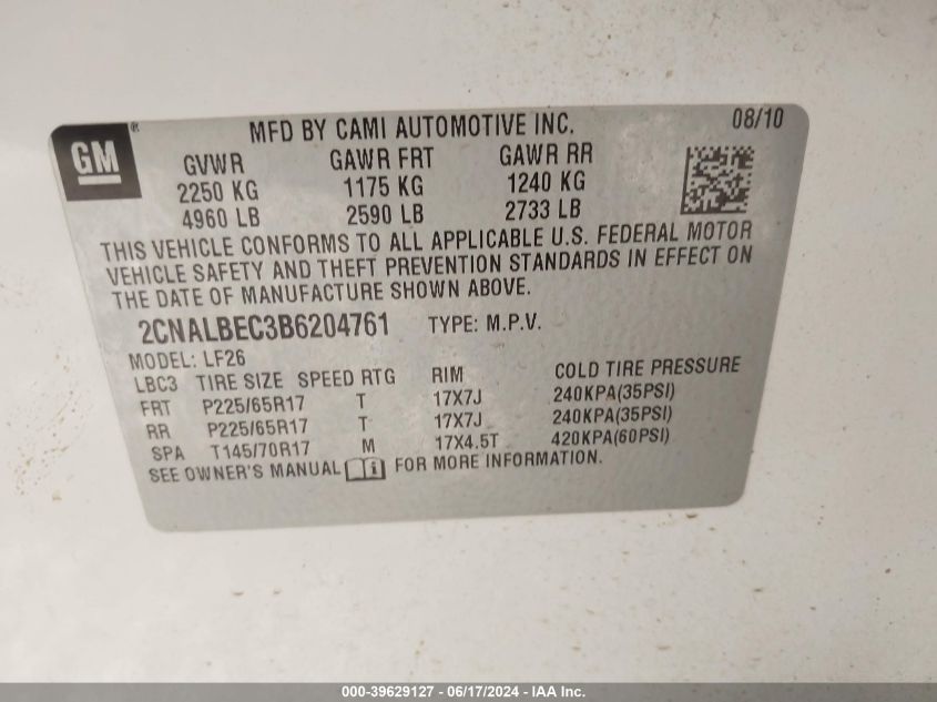 2011 Chevrolet Equinox Ls VIN: 2CNALBEC3B6204761 Lot: 39629127