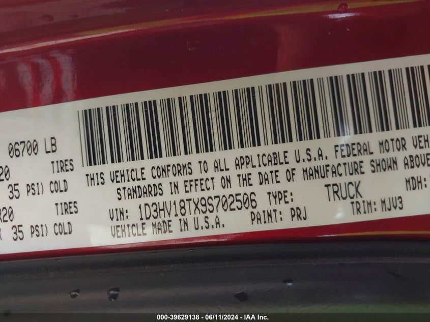 2009 Dodge Ram 1500 Slt/Sport/Trx VIN: 1D3HV18TX9S702506 Lot: 39629138