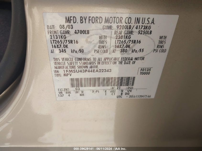 2004 Ford Excursion Limited VIN: 1FMSU43P44EA22343 Lot: 39629141