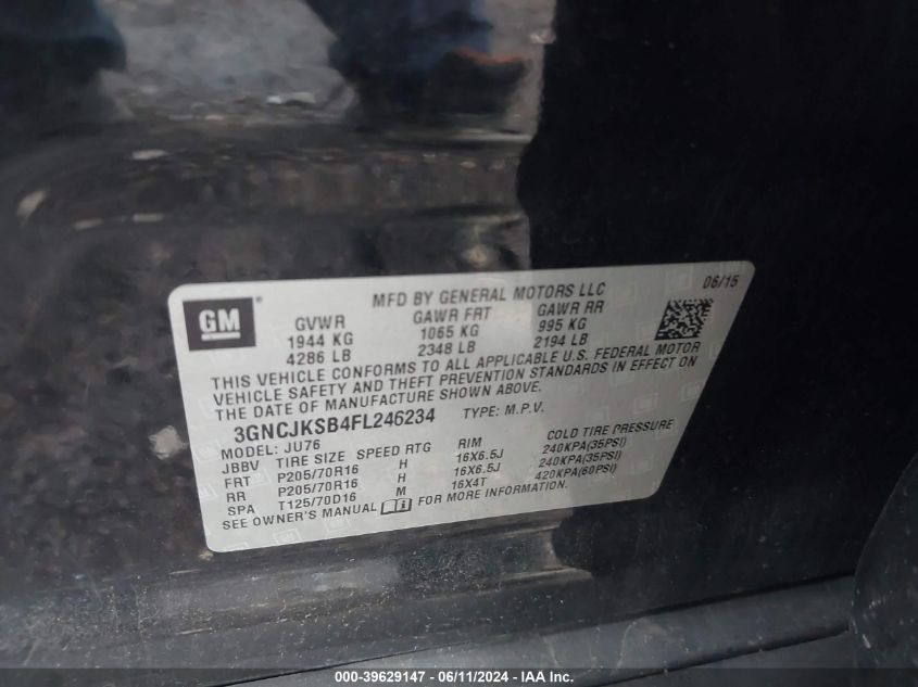 2015 Chevrolet Trax 1Ls VIN: 3GNCJKSB4FL246234 Lot: 39629147