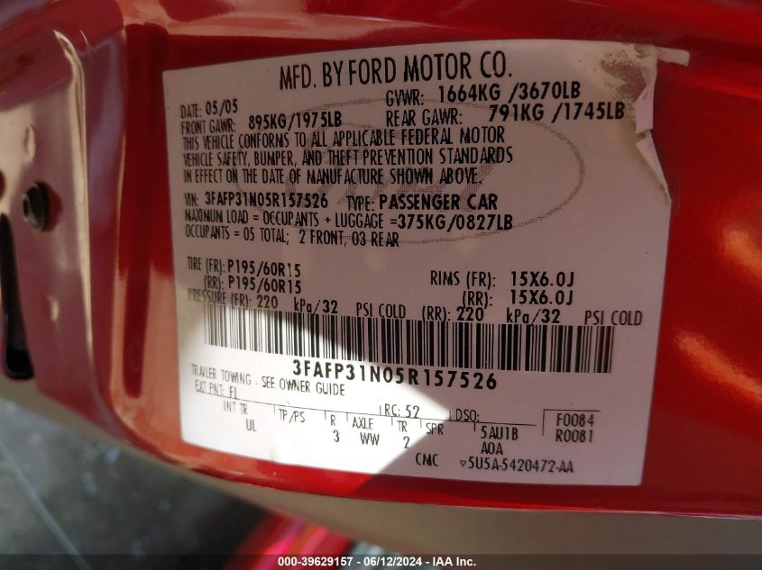 2005 Ford Focus Zx3 VIN: 3FAFP31N05R157526 Lot: 39629157