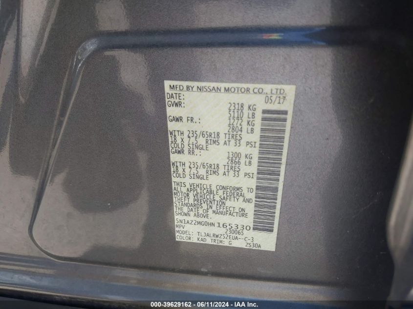 2017 Nissan Murano Sl VIN: 5N1AZ2MG0HN165330 Lot: 39629162