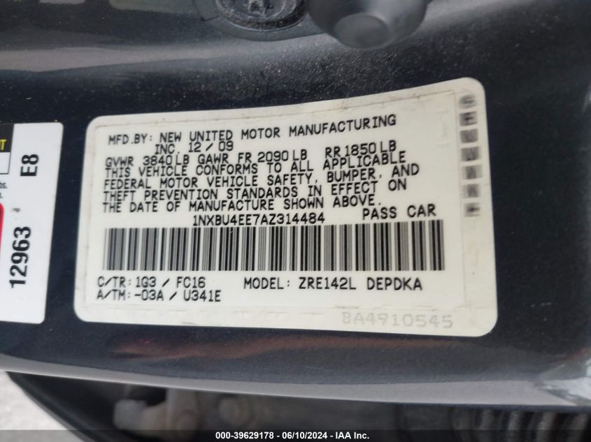 2010 Toyota Corolla Le VIN: 1NXBU4EE7AZ314484 Lot: 39629178