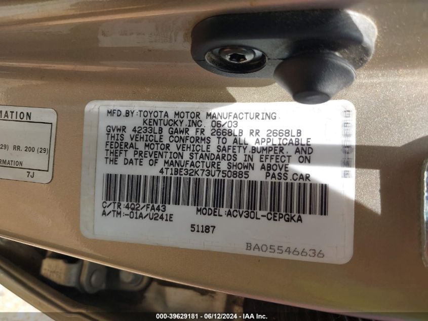 2003 Toyota Camry Xle VIN: 4T1BE32K73U750885 Lot: 39629181