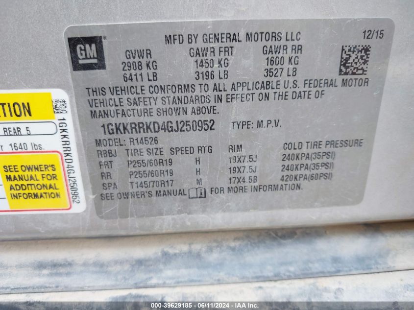 2016 GMC Acadia Slt-1 VIN: 1GKKRRKD4GJ250952 Lot: 39629185
