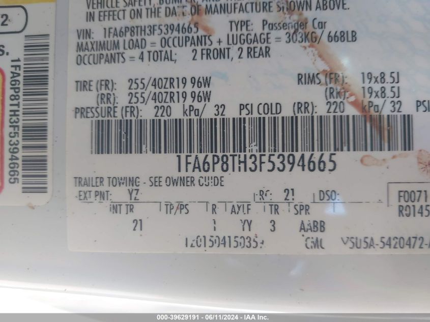 2015 Ford Mustang Ecoboost VIN: 1FA6P8TH3F5394665 Lot: 39629191
