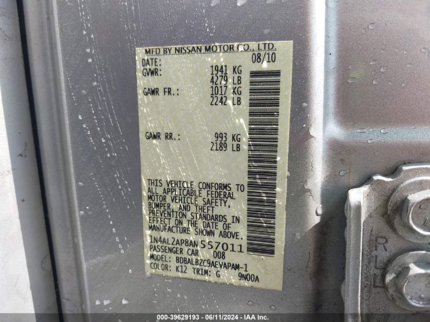 2010 Nissan Altima 2.5 S VIN: 1N4AL2AP8AN557011 Lot: 39629193