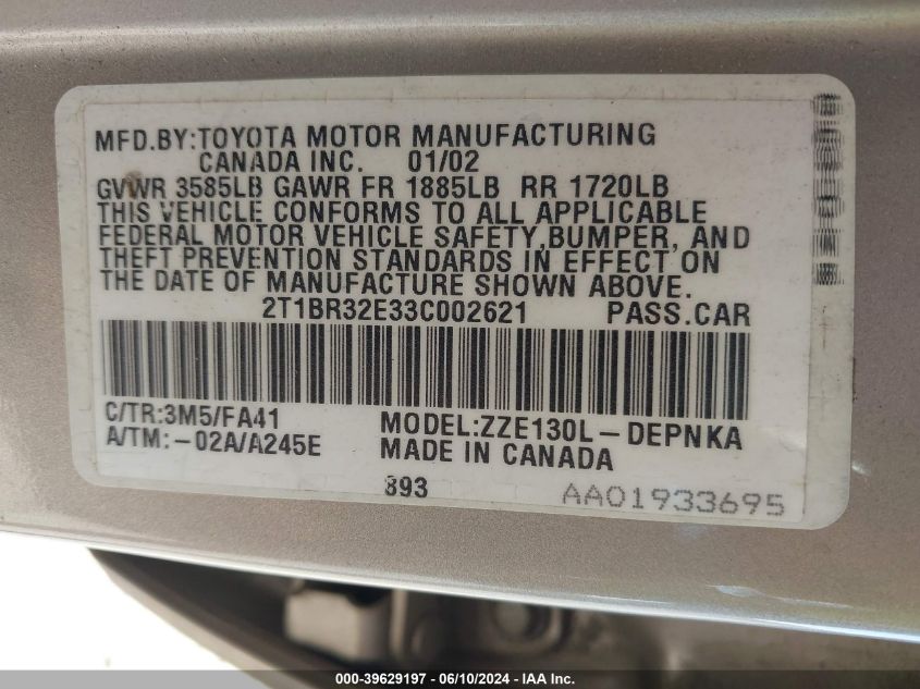 2003 Toyota Corolla Le VIN: 2T1BR32E33C002621 Lot: 39629197