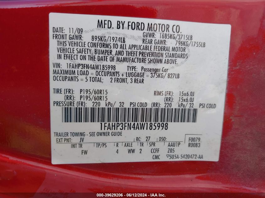 2010 Ford Focus Se VIN: 1FAHP3FN4AW185998 Lot: 39629206