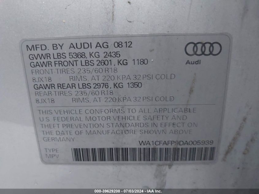 2013 Audi Q5 2.0T Premium VIN: WA1CFAFP9DA005939 Lot: 39629208