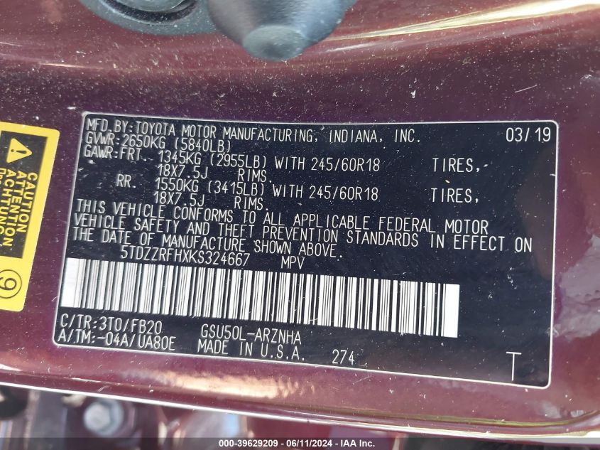 2019 Toyota Highlander Le VIN: 5TDZZRFHXKS324667 Lot: 39629209