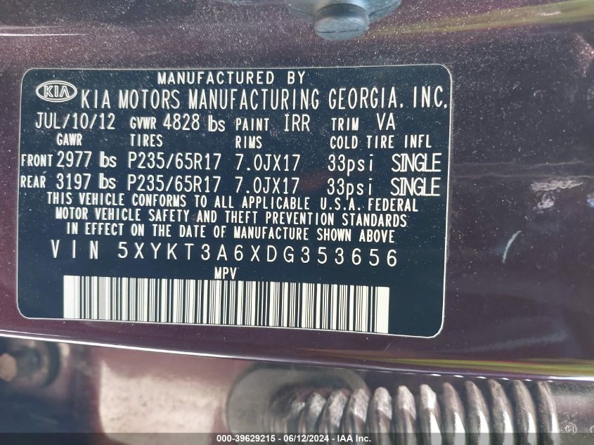 2013 Kia Sorento Lx VIN: 5XYKT3A6XDG353656 Lot: 39629215