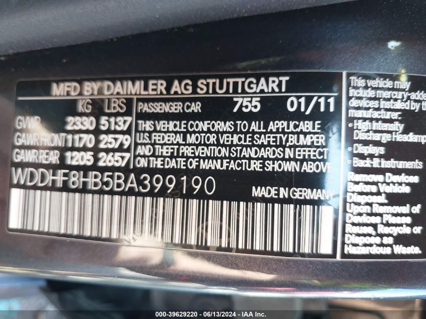 2011 Mercedes-Benz E 350 4Matic VIN: WDDHF8HB5BA399190 Lot: 39629220