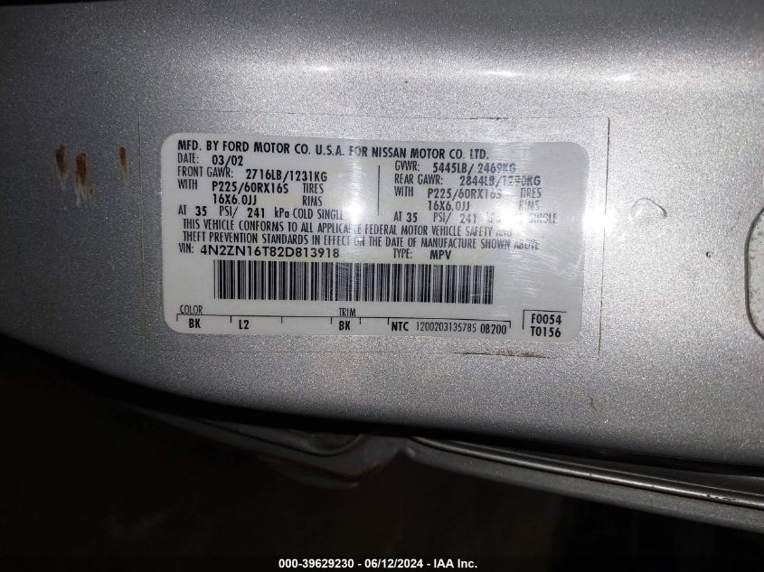 4N27N16T82D813918 2002 Nissan Quest Se