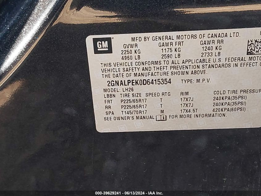 2013 Chevrolet Equinox Lt VIN: 2GNALPEK0D6415354 Lot: 39629241