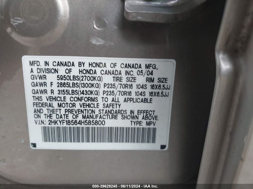 2004 Honda Pilot Ex-L VIN: 2HKYF18564H585800 Lot: 39629245