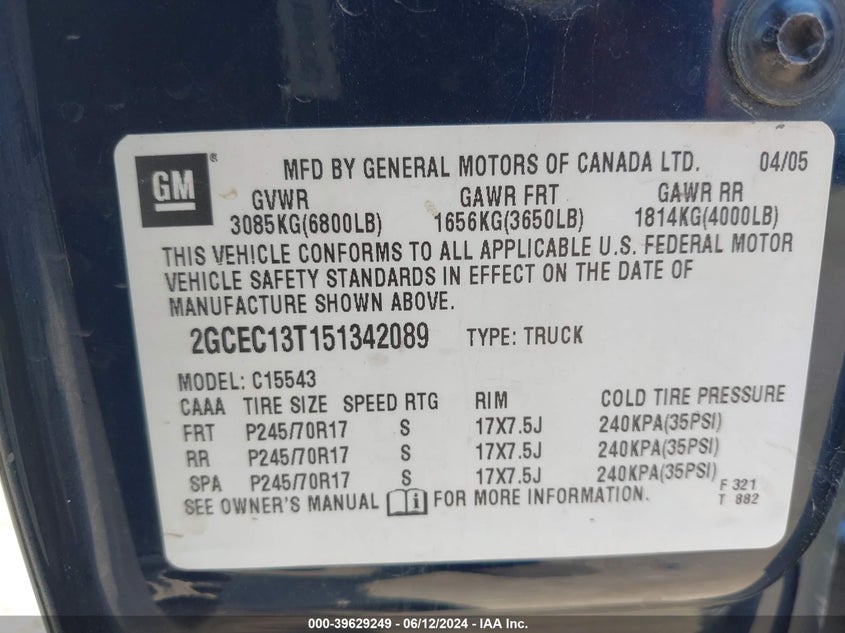 2005 Chevrolet Silverado 1500 Ls VIN: 2GCEC13T151342089 Lot: 39629249