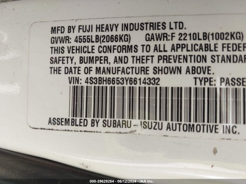 2000 Subaru Outback VIN: 4S3BH6653Y6614332 Lot: 39629264