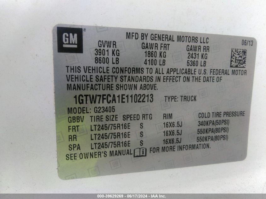 2014 GMC Savana 2500 Work Van VIN: 1GTW7FCA1E1102213 Lot: 39629269