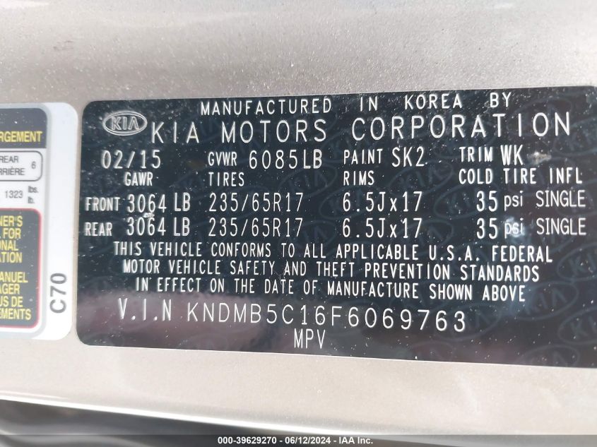 KNDMB5C16F6069763 2015 Kia Sedona Lx