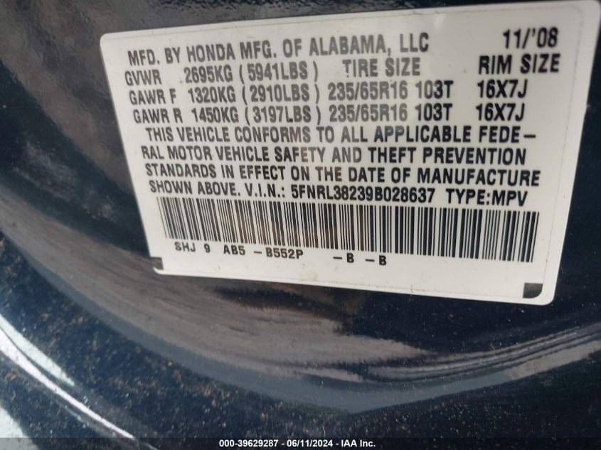 2009 Honda Odyssey Lx VIN: 5FNRL38239B028637 Lot: 39629287