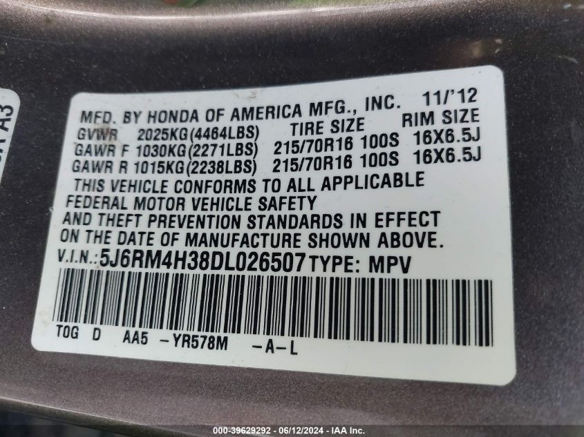 2013 Honda Cr-V Lx VIN: 5J6RM4H38DL026507 Lot: 39629292