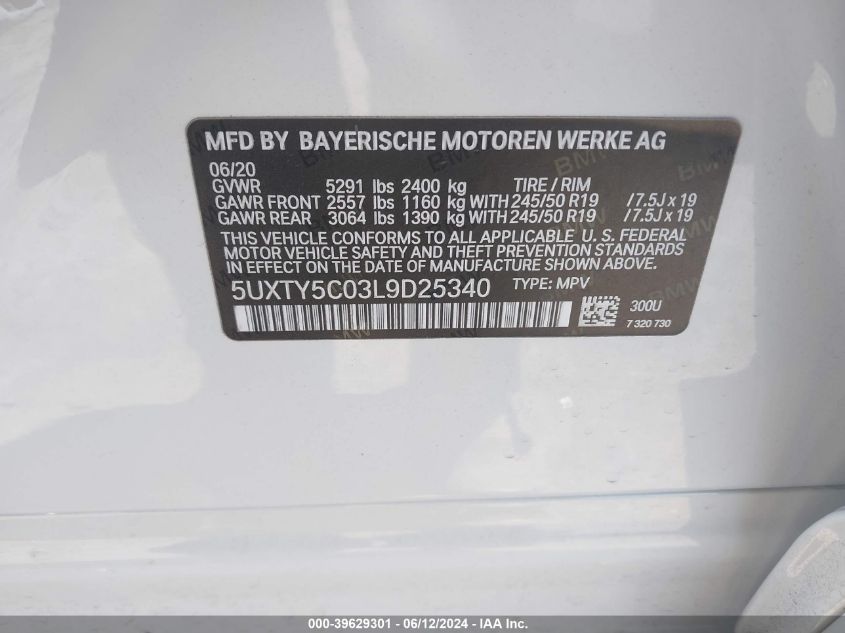 2020 BMW X3 xDrive30I VIN: 5UXTY5C03L9D25340 Lot: 39629301