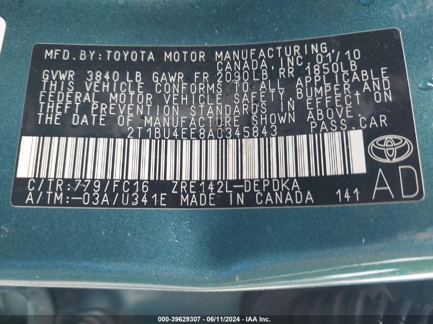 2010 Toyota Corolla Le VIN: 2T1BU4EE8AC345843 Lot: 39629307