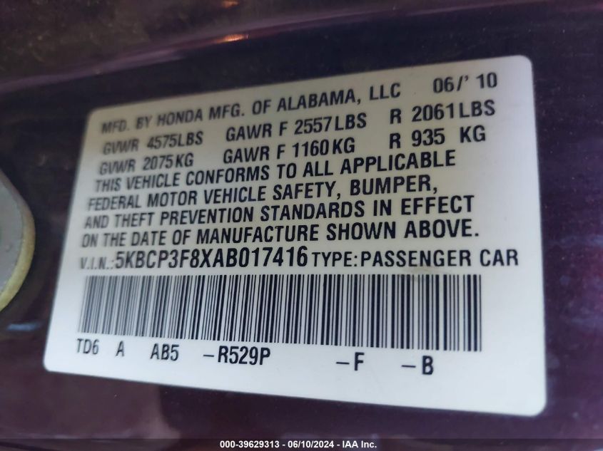 2010 Honda Accord 3.5 Ex-L VIN: 5KBCP3F8XAB017416 Lot: 39629313