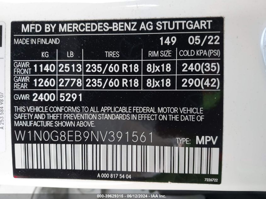 2022 MERCEDES-BENZ GLC 300 4MATIC SUV - W1N0G8EB9NV391561